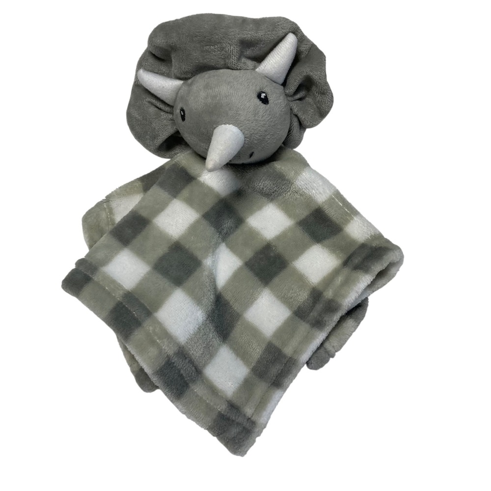Lila & Jack Dinosaur Triceratops Rattle Lovey 12" Security Blanket Gray Squares